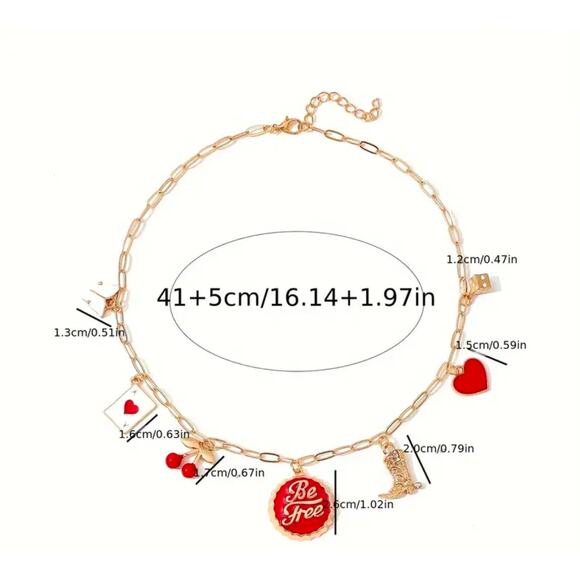 Be Free Charm Necklace Red Enamel Charms Gold Wide Link Chain NWT Cottage - Picture 4 of 6